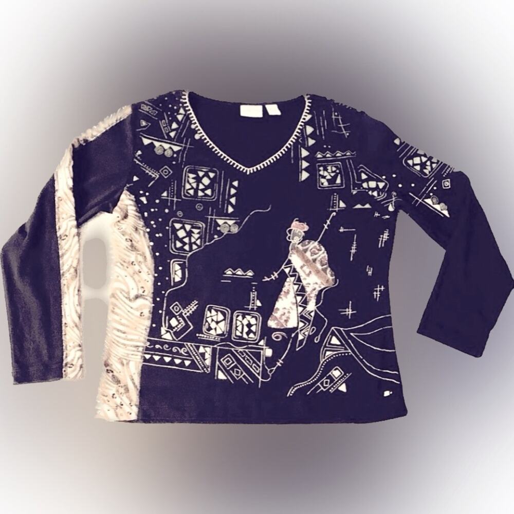 Chicos Womens Cotton T Shirt Black Size 2=12 Ethnic Tribal Wearable Art Festival